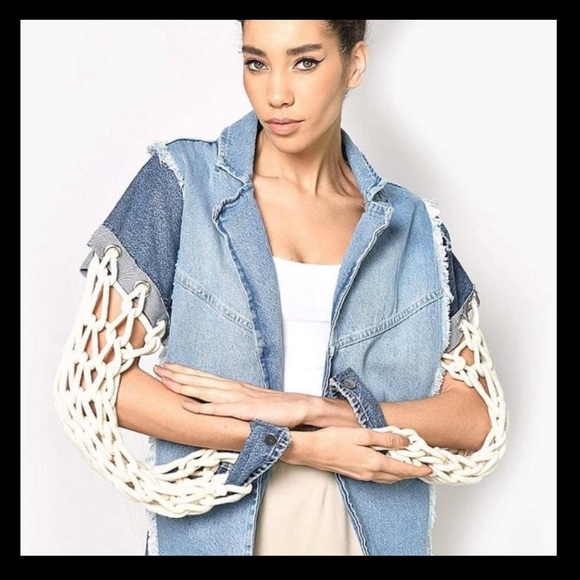 New NEW Blue denim macrame sleeve jean jacket size S - Picture 7 of 7